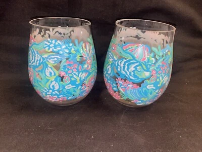Conjunto de 2 copos de vinho Lilly Pulitzer acrílico plástico sem haste rosa azul-petróleo - Imagem 1 de 4
