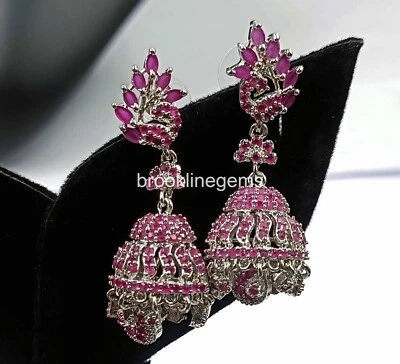 Silver Plated Ethnic AD CZ Pink Sapphir Earrings Wedding Fashion  Jewelry Set Nk - Imagem 1 de 4