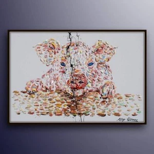 Pintura 40", Cerdo Original Pintura al Óleo sobre Lienzo, Animal, Arte Moderno, Impasto - Imagen 1 de 4