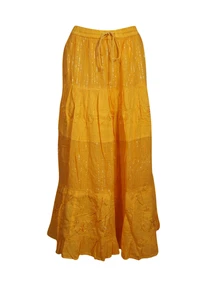 Boho Long Skirt Cotton A-LINE MUSTARD Gypsy Hippy Chic Summer Tiered Skirts S/M
