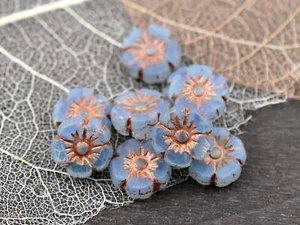 9mm Copper Washed Blue Opaline Czech Glass Hawaiian Flower Beads - 16 Beads - Picture 1 of 3