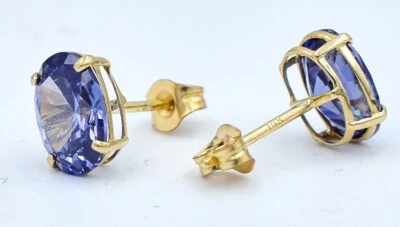 LAB CREATED 2.34 Cts TANZANITE STUD EARRINGS 14K YELLOW GOLD - Made in USA - NWT - Image 1 of 4