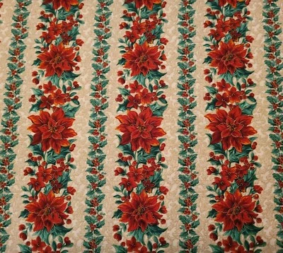 Treasured Traditions BTY QY Beige Poinsettia Stripe Gold Green Leaves Tan - Image 1 of 3