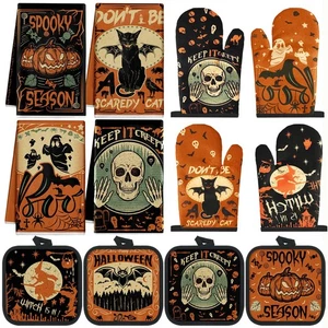 12 Stück Halloween Küchentücher Topflappen und Ofenhandschuhe Set 4 Geist Geschirr T... - Bild 1 von 7