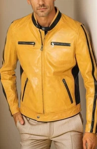 Motorcycle Jacket Men Leather Soft Lambskin Yellow Handmade Biker Stylish Jacket - Picture 1 of 8