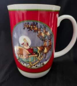 Otagiri Weihnachtstasse SANTA auf SCHLITTEN MIT ACHT RENTIEREN WINKEND MIT GOLDRAND - Bild 1 von 5