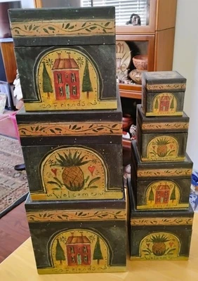 7 Bob's Boxes Primitive Welcome Friends Stackable Nesting Susan Winget Design - Image 1 of 4