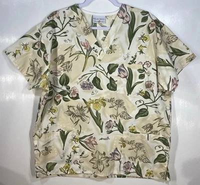 Scrub Top womens size L Large Peaches Uniforms Spring Flowers crocus tulip lily - Image 1 of 4