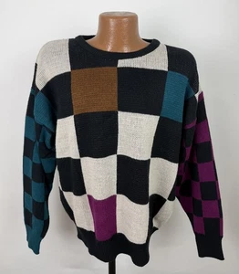 Vintage Checkered Sweater Mens Large Jewel Tone Color Block 80s 90s Art to Wear - Picture 1 of 11
