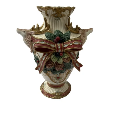 Vaso de Natal renas Fitz & Floyd cerâmica fita de férias peça central vintage - Imagem 1 de 4