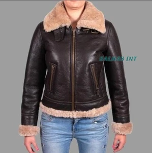 Womens Bomber Aviator Genuine Leather Jacket Real SheepSkin Pilot Flying Coat - Picture 1 of 6