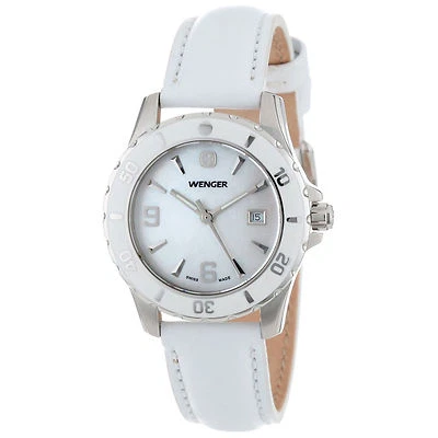 NUEVO Reloj para mujer Wenger 70382 correa de cuero blanco esfera nácar fecha $275 Foto 1 de 2