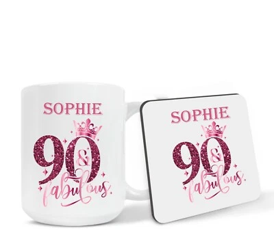 CLARELY'S PRINTING Personalised 90th Birthday Gift 90th Pink Mug, Coaster or Mug & Coaster Gift Set