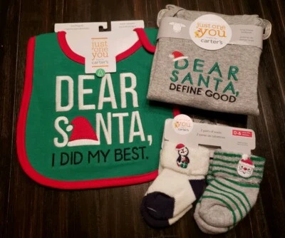 Carter's Just One You Christmas 'Dear Santa' Bodysuit Bib & Sock Set Newborn NWT - Image 1 of 4