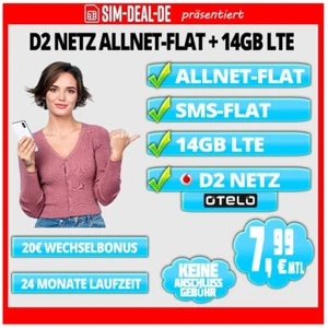 📶 Handytarif D2 ALLNET- & SMS-FLAT + 14GB LTE 7,99 EUR SIM ONLY TARIF 🚀🔥 - Bild 1 von 1