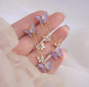 Purple Butterfly Earrings Dangle, Crystal Butterfly Dangle Earrings, Butterfly E - Picture 1 of 3