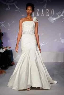 Lazaro 3110 Amanda One Shoulder Fit & Flare Pearl Wedding Dress 10 Satin Silk - Image 1 of 4