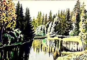 Paisaje Pinos de Agua 8x11,5 Papel Original Acuarela Sin Firmar  - Imagen 1 de 1