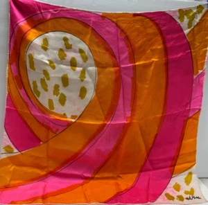 Vera silk Scarf Print Pink orange swirl 22"x 22" hand rolled hem Japan Square - Picture 1 of 8