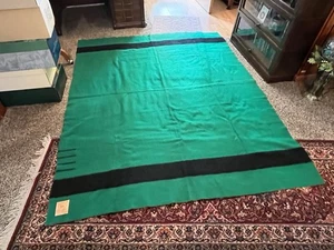 Vintage 4 Point Hudson's Bay Wool Blanket Green w/ Black Stripes 87" X 71" - Picture 1 of 4