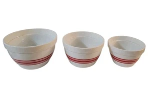 Crate And Barrel Mixing Bowl Set Nesting Red Stripe White Porcelain Set Of 3 - Picture 1 of 12