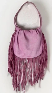 Vintage 1970s Pink Suede Fabric Shoulder Purse Hobo Bag With Leather Fringes - Picture 1 of 6