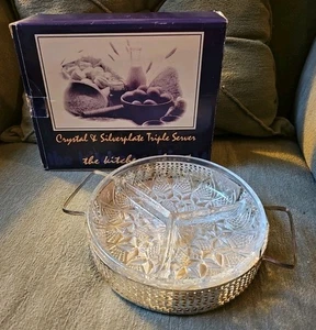 3 Divided Crystal Candy Dish Bowl with Silverplate stand 7" - Picture 1 of 5