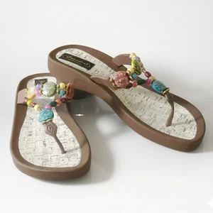 Grandco Talla 7 NUEVAS Sandalias Arco Iris Cuentas Tanga Chanclas Marrón Espuma Corcho - Imagen 1 de 9