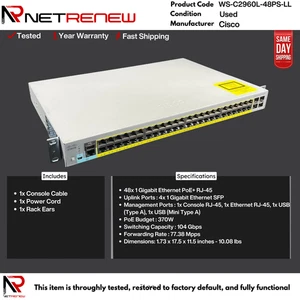 Cisco WS-C2960L-48PS-LL 48 Port PoE GbE Switch - Picture 1 of 1