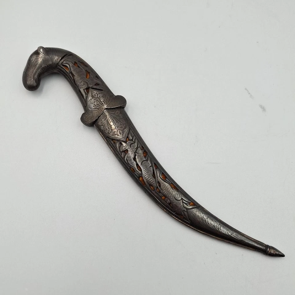 Vintage Indo Persian Khanjar Camel Head Silver Koftgari Damascus Dagger Knife - Image 1 of 4