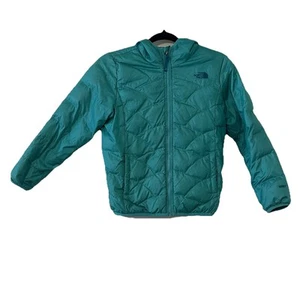 The North Face Green Teal 550 Goose Down Reversbl Jacket Puffer Girls M 10/12 *R - Picture 1 of 20