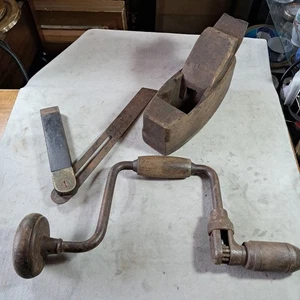 Vintage Tool Bundle (with wood handles) Hand Drill, Plane, Angle - Picture 1 of 15