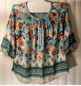 Fig and Flower Blouse 2x Blue Top Peasant Boho Artsy Floral Flowy Sheer - Picture 1 of 11