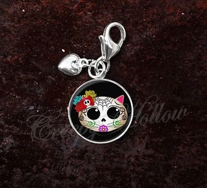 Sterling Silver Charm Choose Kitty Cat Sugar Skull Dia De Los Muertos - Picture 1 of 9