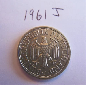 German Federal Republic One Deutsche Mark Coin 1961J KM#110 1 Mark RARE DATE - Picture 1 of 2