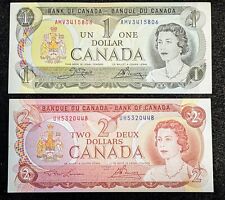 Canada $1 + $2 Note Set.  1973/1974. Crisp Uncirculated Vintage Bills
