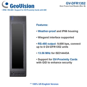 ¡¡¡Nuevo!!! GeoVision GV-DFR1352 Marco de Puerta Llave Lector de Tarjetas/IP66/RS-485/13.56Mhz - Imagen 1 de 7