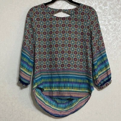 Blusa Meraki Fair Isle Geométrica Estampado Boho Cerradura Trasera Manga 3/4 Colorida S Foto 1 de 4