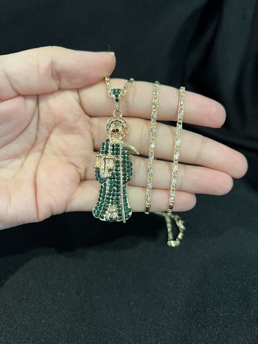 TARGA ORO uomo donna VERDE ZIRCONI piccola Santa Muerte Grim Reaper e catena Valentino