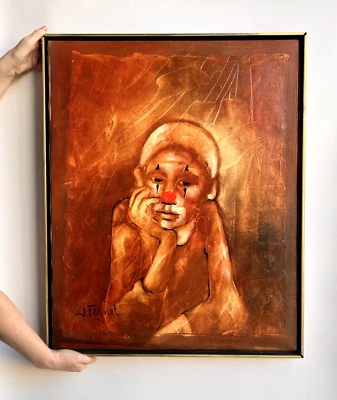 Pintura a óleo original Josette Faguet palhaço triste assinado vintage arte emoldurada J. Faguet - Imagem 1 de 4