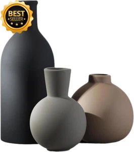 Modern Ceramic Vase Set, 3 Pieces in Matte Black, Grey & Brown for Home Decor - Picture 1 of 12