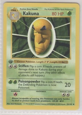 Pokemon Kakuna 1st edition base set 33/102 Raw NM MT WOTC Rare Vintage 1999 - Image 1 of 2