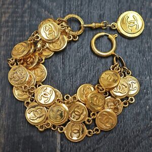 CHANEL Gold Plated CC Logos Coin Charm Vintage Chain Bracelet #403c Rise-on