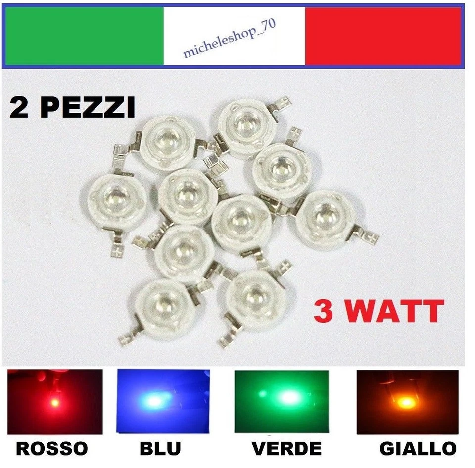 chip led 3W alta luminosità rosso, verde, blu, giallo confezioni da 2 pezzi - Immagine 1 di 1