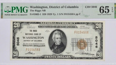1929 $20 Riggs Nat'l Bank Washington, DC Fr. 1802-1 CH. 5046 Type 1 PMG 65EPQ - Image 1 of 2