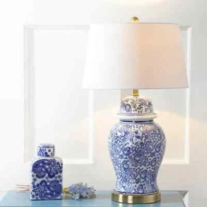 JONATHAN Y Table Lamp 29.5" 1-Light LED 9W Ceramic Urn in Blue/white+White Shade - Picture 1 of 8