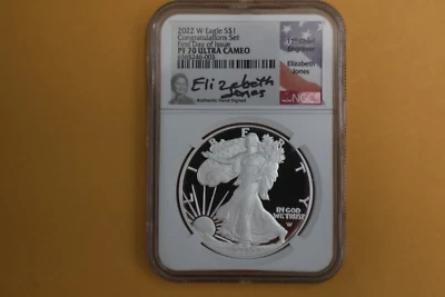 2022 W PROOF SILVER EAGLE CONGRATULATION SET NGC PF70 FDI ELIZABETH JONES SIGNED - Image 1 of 4