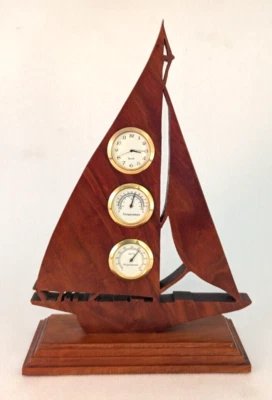 * Handcrafted Wood Sailboat Clock Thermometer Hygrometer Working New Battery - Image 1 of 4