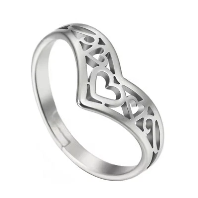 Crown Heart Promise Ring Womens Silver 316L Stainless Steel Engagement Band - Image 1 of 4