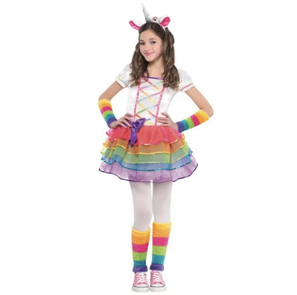 Girls 6 Pcs Halloween Costume Rainbow Unicorn Size Medium 8-10
